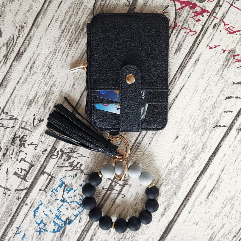 Wholesale Leopard Print Cow Print Western Style Card Holder Silicone Beaded Wrist Keychain